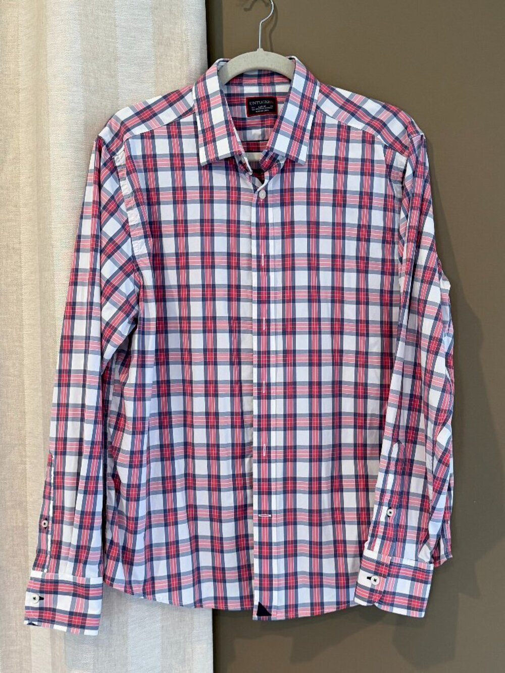 Untuckit Men's Plaid Pink & Blue Long Sleeve Shirt Office Comfort, Size Large